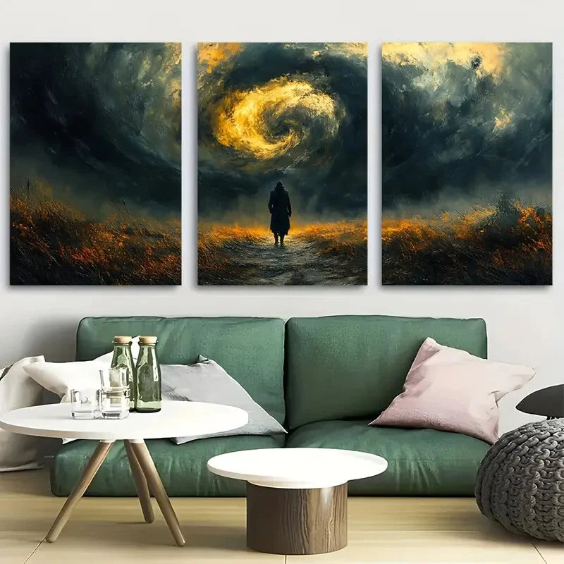 3pcs Lone Traveler Dramatic Stormy Sky Metal Print Ready to Hang Art