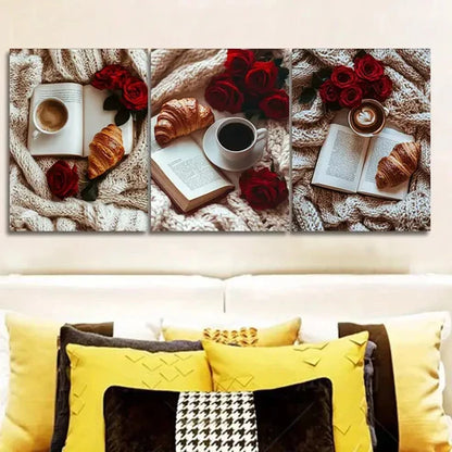 3pcs A book, red roses, bread Wall Art Set Canvas Unframed - High Quality Print 100% Australian Made Wall Canvas
