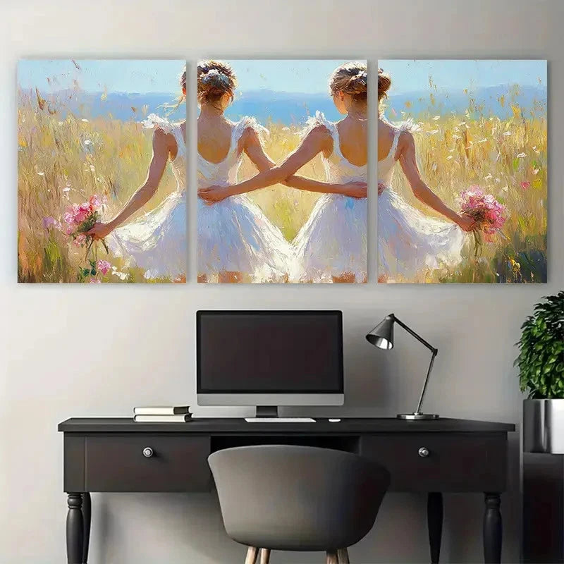 3pcs Vibrant Young Ballerinas White Dresses Design Metal Print Ready to Hang Art