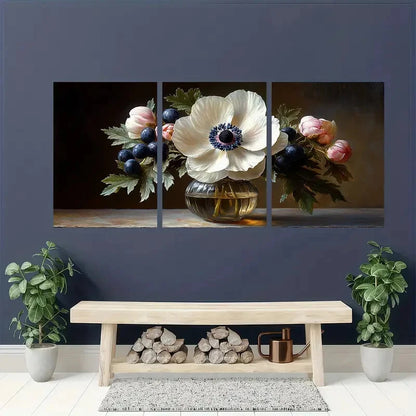 3pcs Sweet Anemone & Blueberries Still Life Art Metal Print Ready to Hang Art