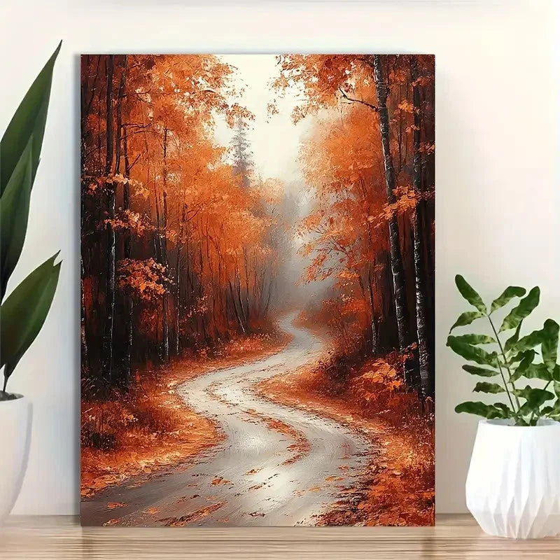 Beautiful Autumnal Forest Road Painting 40x60cm Metal Print Ready to Hang