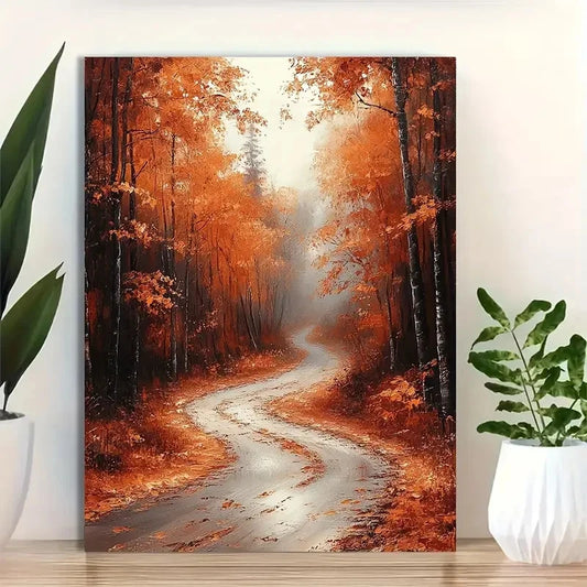 Beautiful Autumnal Forest Road Painting 40x60cm Metal Print Ready to Hang