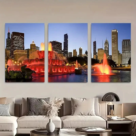 3pcs Chicago Buckingham Fountain Metal Print Ready to Hang Art