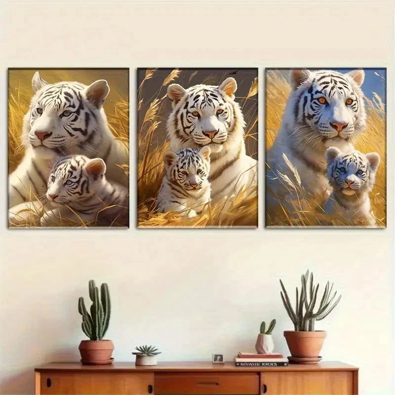 3pcs White Tiger and Cub Animal Family Theme Metal Print Ready to Hang Art