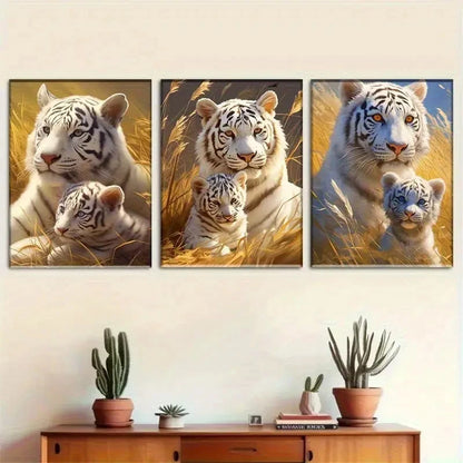 3pcs White Tiger and Cub Animal Family Theme Metal Print Ready to Hang Art