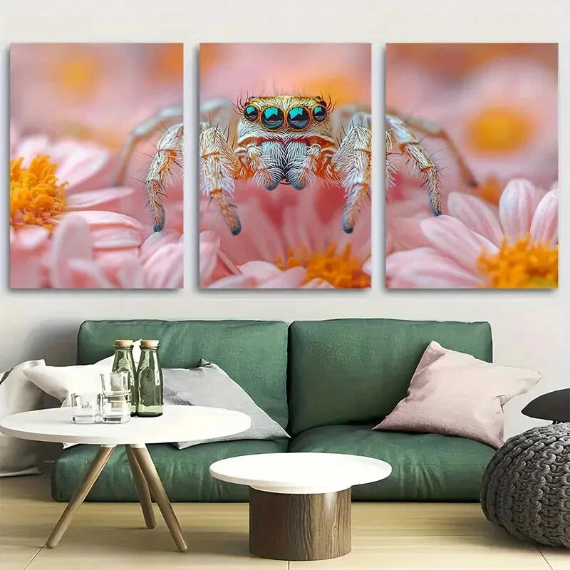 3pcs Jumping Spider Arachnid Giclee Florals Design Metal Print Ready to Hang Art