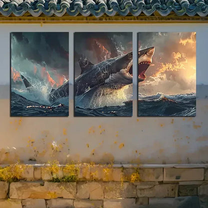 3pcs Large Shark Swimming Over An Ocean Canvas Framed 60x90cm - High Quality Print 100% Australian Made Wall Canvas Ready to Hang