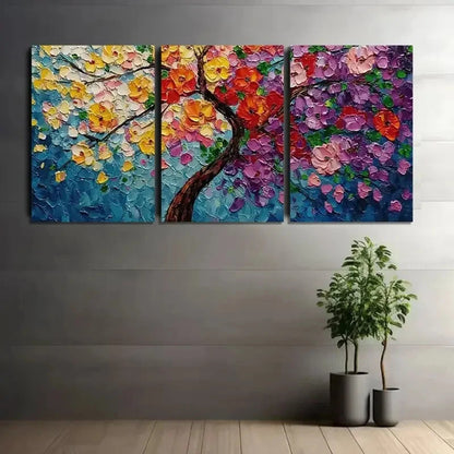 3pcs Colorful Flowers on a Tree in Impasto Metal Print Ready to Hang Art
