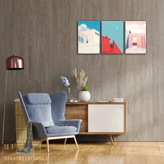 3pcs Cat and Building House Decoration Poster Metal Print Ready to Hang Art