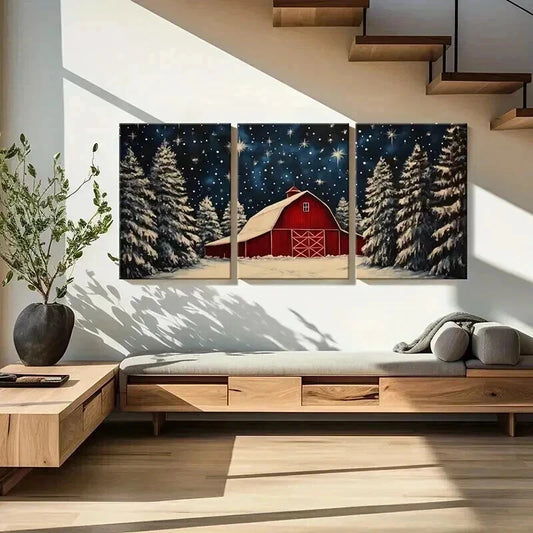 3pcs Winter Barn & Snowy Trees Starry Night Metal Print Ready to Hang Art