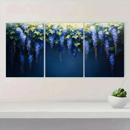 3pcs Wisteria Flower Blue & White Vine Design Metal Print Ready to Hang Art