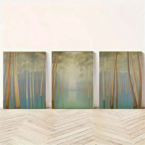 3pcs Tall Trees, Misty Forest, Water Reflection Wall Art Set Canvas Unframed - High Quality Print 100% Australian Made Wall Canvas