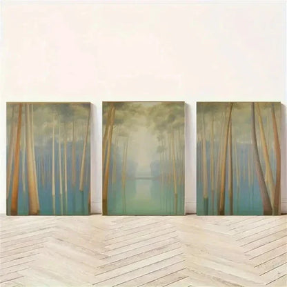 3pcs Tall Trees, Misty Forest, Water Reflection Wall Art Set Canvas Unframed - High Quality Print 100% Australian Made Wall Canvas