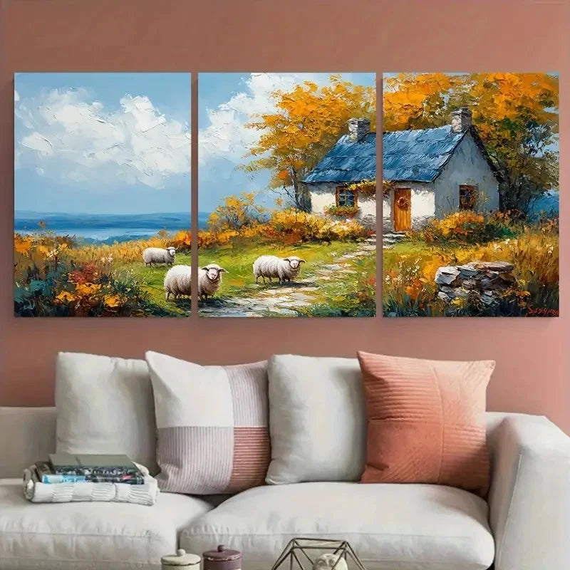 3pcs Cozy Country Home Sheep and Cottage Landscape Metal Print Ready to Hang Art