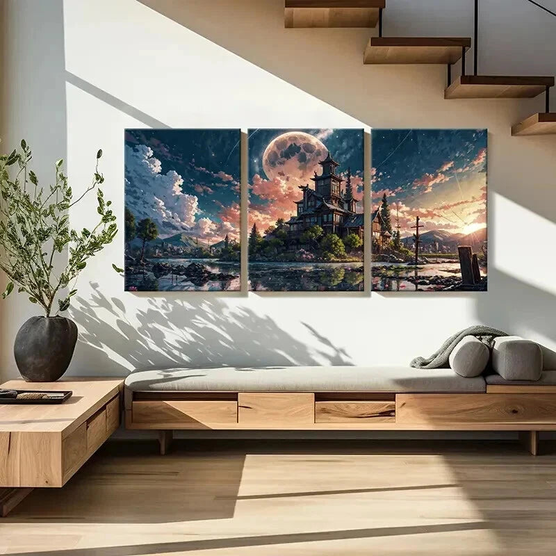 3pcs Japanese Style Temple Vintage  Wall Art Set Canvas Framed 40x60cm - High Quality Print 100% Australian Made Wall Canvas Ready to Hang