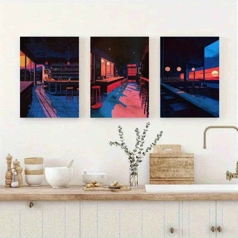 3pcs Vibrant Bar Scene Metal Print Ready to Hang Art