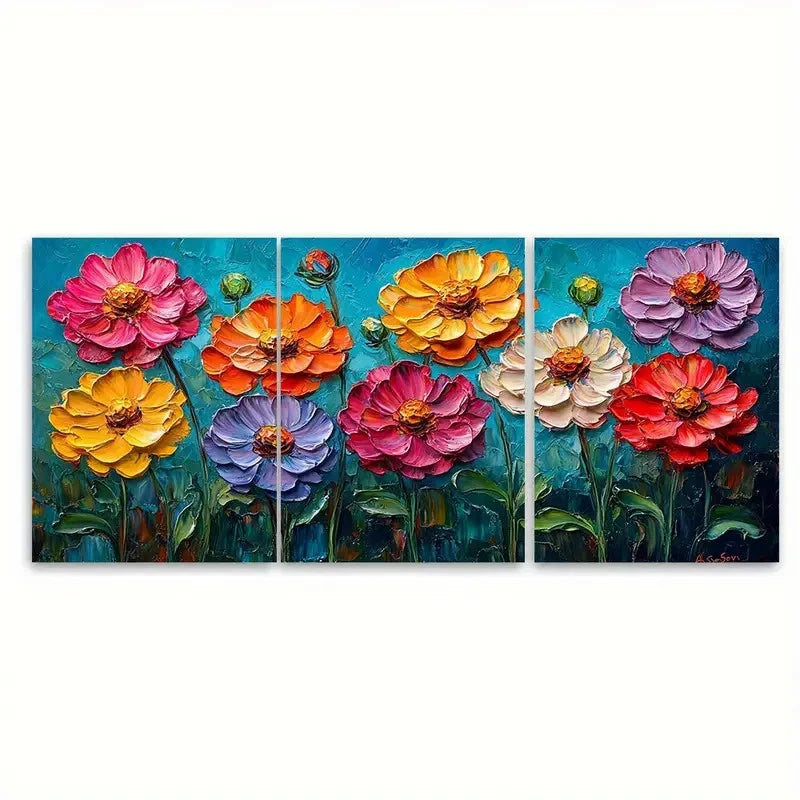3pcs Zinnia Flowers Impasto Illustration Wall Art Set Canvas Framed 50x70cm - High Quality Print 100% Australian Made Wall Canvas Ready to Hang