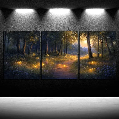 3pcs Vibrant Fluorescent Forest with Pathway Scene Metal Print Ready to Hang Art