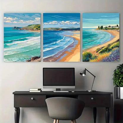 3pcs Woolacombe Travel Beach Illustration Wall Art Set Canvas Framed 40x60cm - High Quality Print 100% Australian Made Wall Canvas Ready to Hang