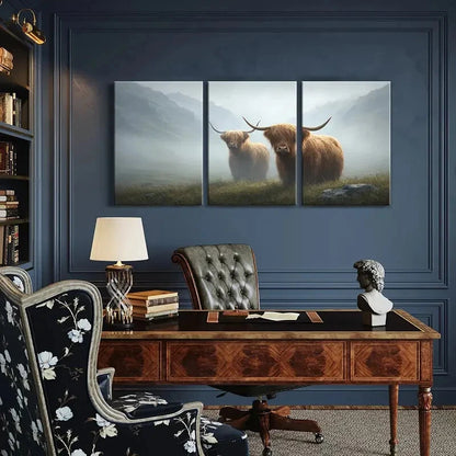 3pcs Highland Cattle Foggy Mountain Landscape Metal Print Ready to Hang Art