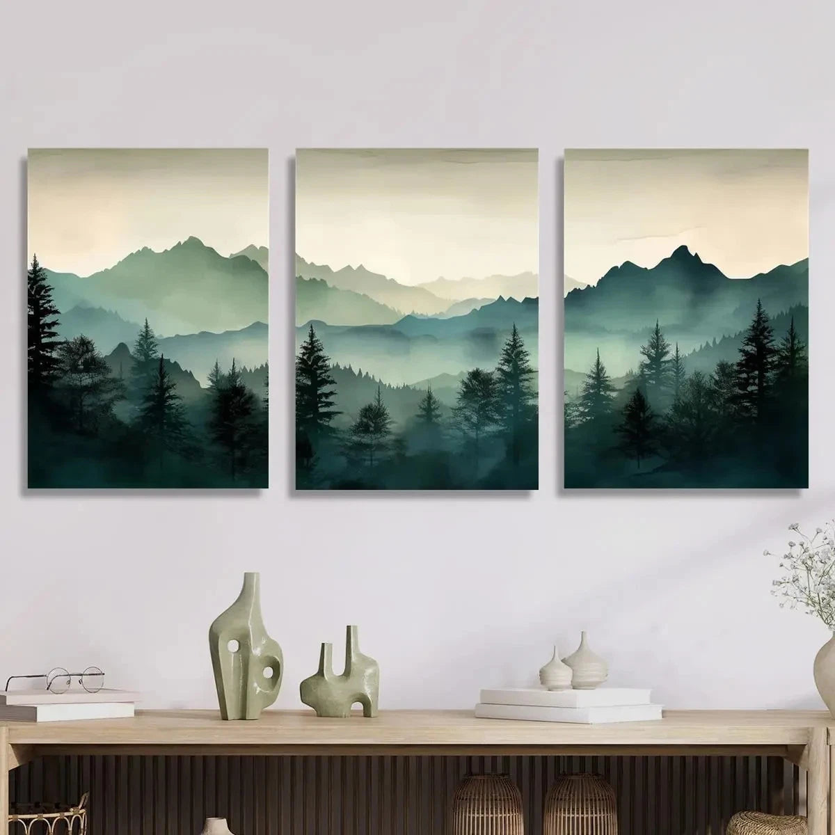3pcs Green Mountains and Forest Metal Print Ready to Hang Art