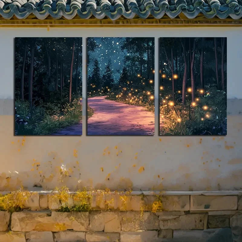 3pcs Vibrant Fluorescent Forest Illustration Metal Print Ready to Hang Art