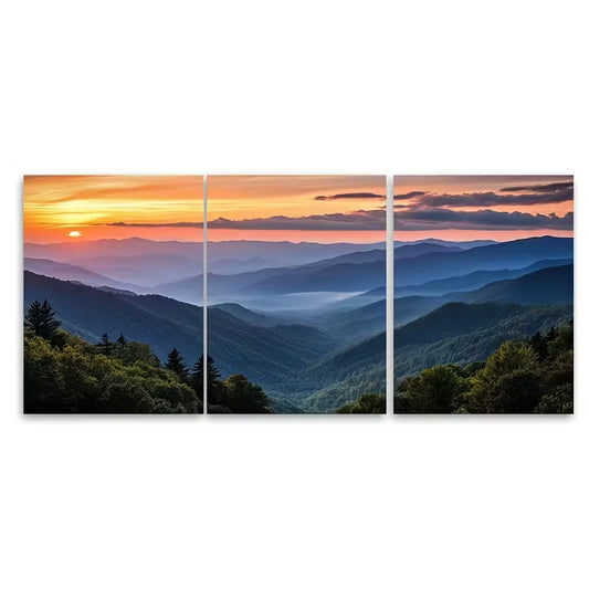 3pcs Smoky Mountains Landscape Vibrant Sunset Metal Print Ready to Hang Art