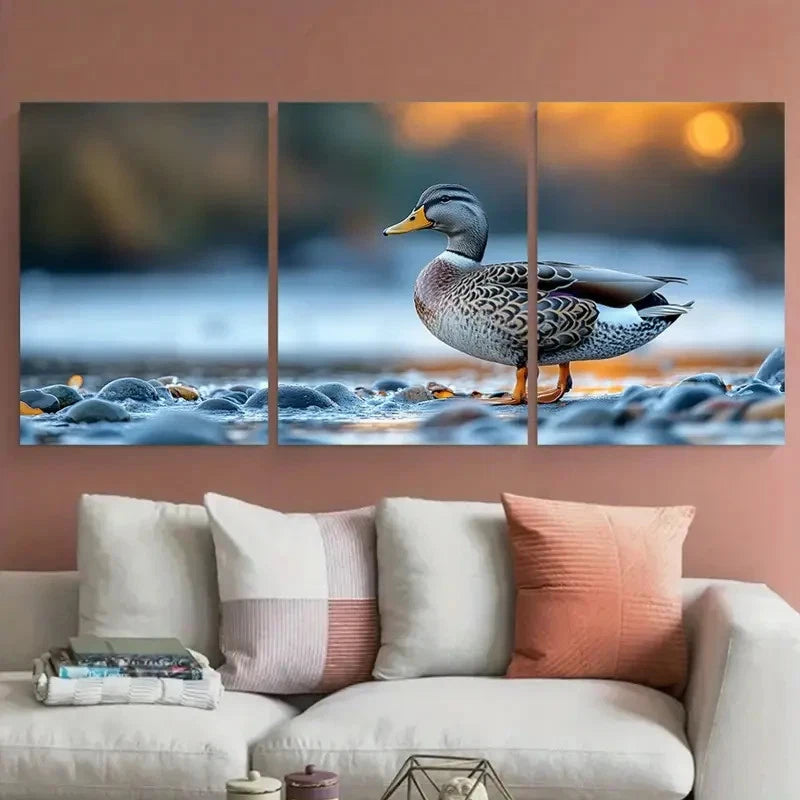 3pcs Wild Grey Duck Standing On The Seashore Metal Print Ready to Hang Art