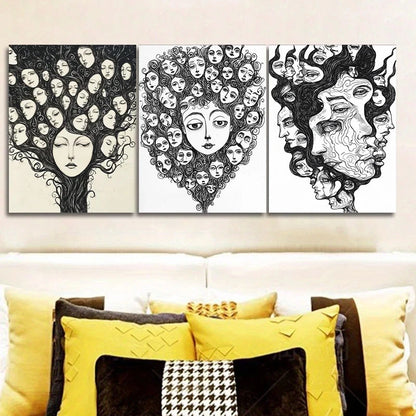 3pcs Lines Make Up The Face Black & White Metal Print Ready to Hang Art