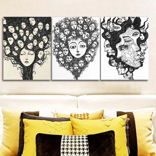 3pcs Lines Make Up The Face Black & White Metal Print Ready to Hang Art