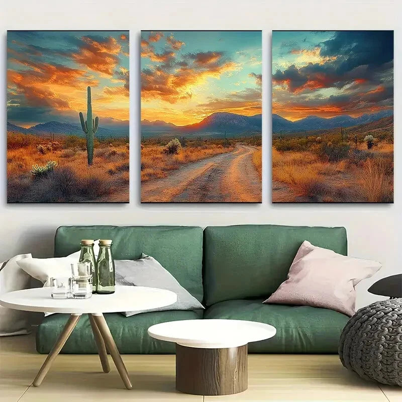 3pcs Saguaro Cactus Mountain Scene Metal Print Ready to Hang Art