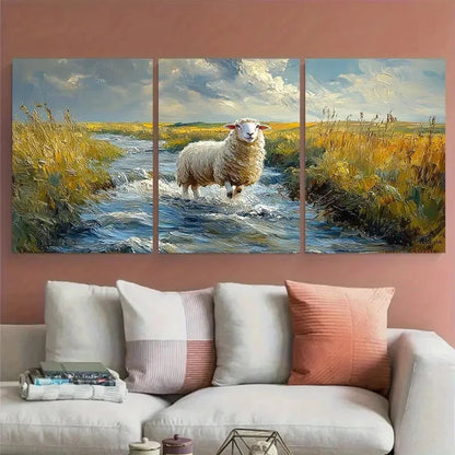3pcs Rolling Hills Sheep Landscape Tranquil Farm Metal Print Ready to Hang Art