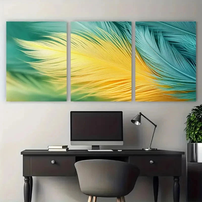 3pcs Fluffy Green Yellow Soft Pastel Feather Metal Print Ready to Hang Art