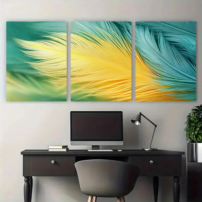 3pcs Fluffy Green Yellow Soft Pastel Feather Metal Print Ready to Hang Art