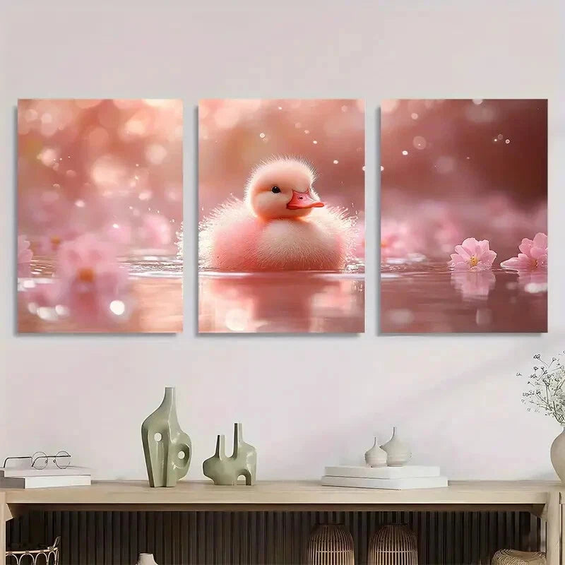 3pcs Pink Tutu Duckling Bird River Metal Print Ready to Hang Art
