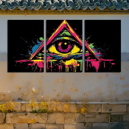 3pcs Vibrant Eyes in The Triangle Paint Splatter Metal Print Ready to Hang Art