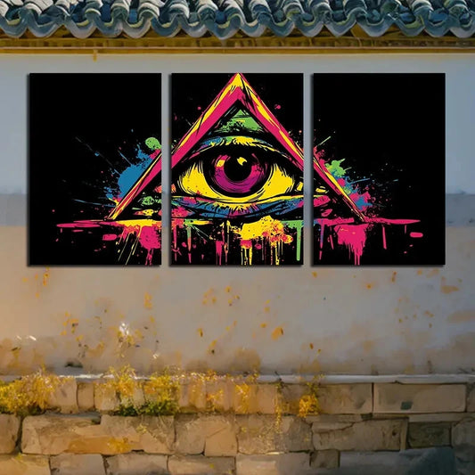 3pcs Vibrant Eyes in The Triangle Paint Splatter Metal Print Ready to Hang Art