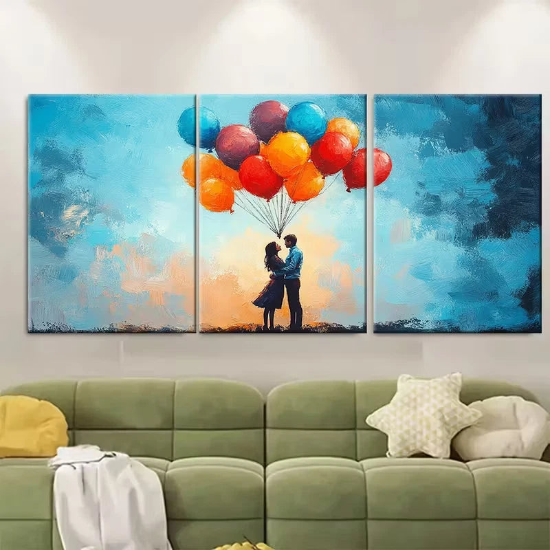 3pcs Couple in Blue Harness with Colorful Balloons Metal Print Ready to Hang Art
