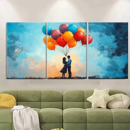 3pcs Couple in Blue Harness with Colorful Balloons Metal Print Ready to Hang Art