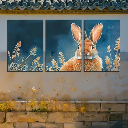 3pcs Vibrant Rabbit in Floral Field Metal Print Ready to Hang Art