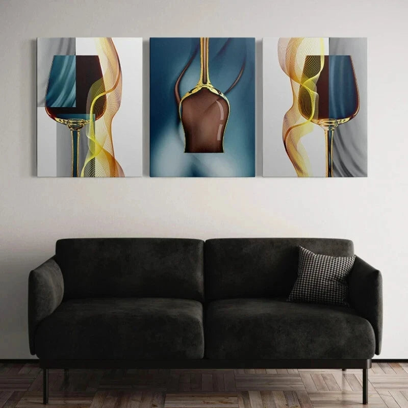 3pcs Golden Blue Goblet Modern Metal Print Ready to Hang Art