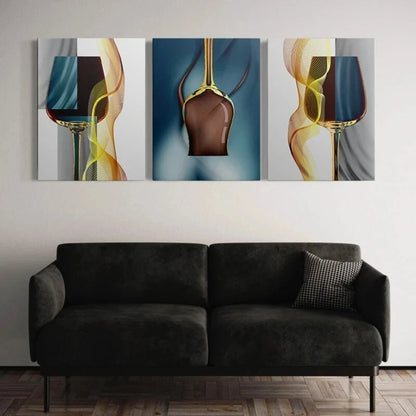 3pcs Golden Blue Goblet Modern Metal Print Ready to Hang Art