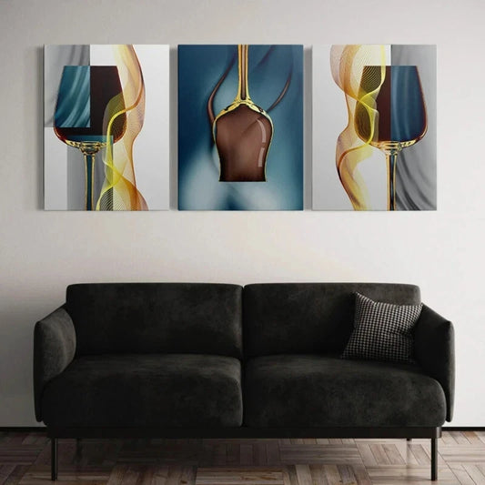3pcs Golden Blue Goblet Modern Metal Print Ready to Hang Art