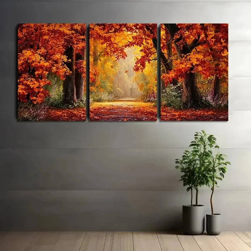 3pcs Autumn Scene With Leaves Wall Art Set Canvas Framed 50x70cm - High Quality Print 100% Australian Made Wall Canvas Ready to Hang