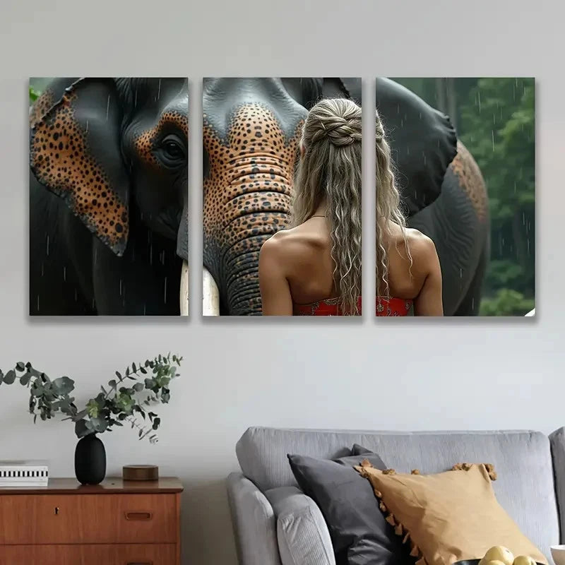 3pcs Woman In Red Dress With A Elephant Painting Wall Art Set Canvas Framed 50x70cm - High Quality Print 100% Australian Made Wall Canvas Ready to Hang