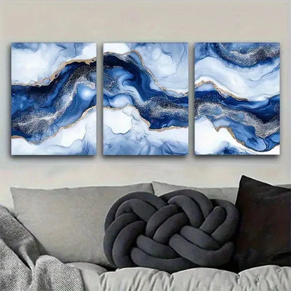 3pcs Blue and Golden Abstract Wave Metal Print Ready to Hang Art