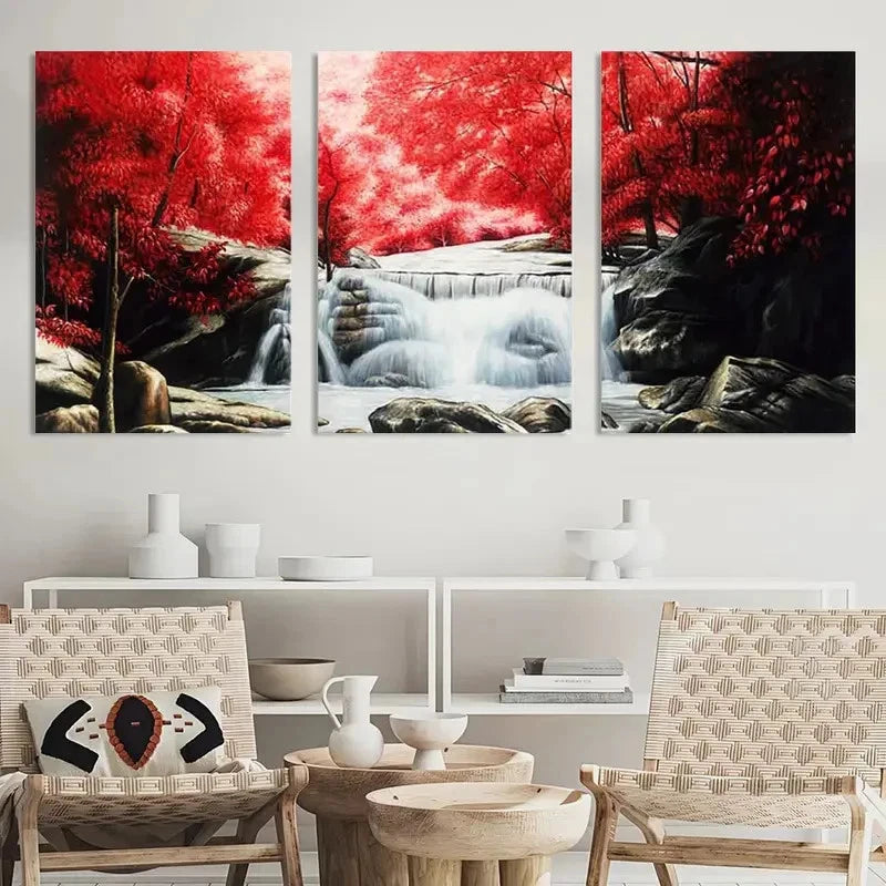 3pcs s Painting Red Forest Waterfalls Printing Metal Print Ready to Hang Art
