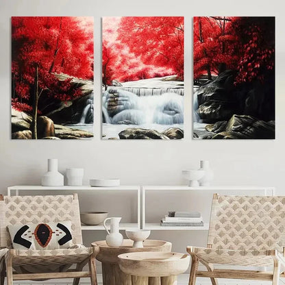 3pcs s Painting Red Forest Waterfalls Printing Metal Print Ready to Hang Art