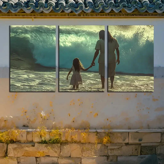 3pcs Mother and Daughter Seaside Walk Design Metal Print Ready to Hang Art