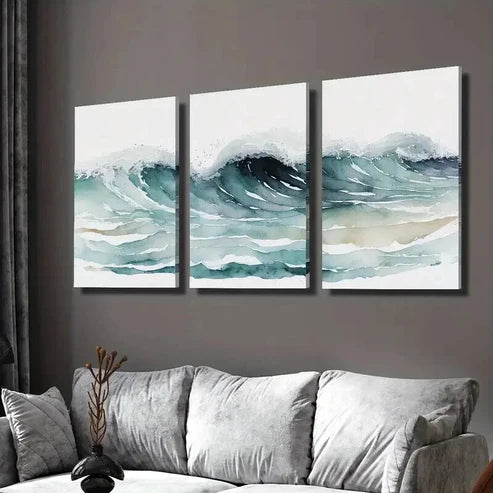 3pcs Ocean Waves Watercolor Painting  Wall Art Set Canvas Unframed - High Quality Print 100% Australian Made Wall Canvas
